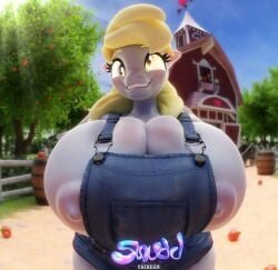 1girls 3d 3d_(artwork) absurd_res alternate_version_available apron apron_only areola_slip areolae big_breasts blonde_hair breasts breasts_bigger_than_head busty clothed clothing derp_eyes derpy_hooves digital_media_(artwork) equid equine eyebrows eyelashes female female_focus female_only friendship_is_magic fur furry glistening glistening_body grey_body grey_fur grey_skin hasbro hi_res hourglass_figure huge_breasts looking_at_viewer mammal motion_lines my_little_pony nipples pegasus puffy_nipples snuddy solo twitter_link voluptuous voluptuous_female wide_hips