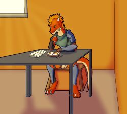 anthro armor bored bottomless bread casual_exposure casual_nudity chair cloak clothed clothing countershading food furniture fyreblazes genitals hair hi_res holding_food holding_object humanoid_genitalia kobold male on_chair orange_eyes orange_hair penis reading reading_newspaper red_body scalie sitting sitting_at_table sitting_on_chair solo table zaw_(fyreblazes)