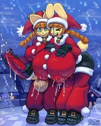 1futa 1girls :3 :d animal_ears animal_nose anthro balls bangs bell big_breasts big_penis black_gloves black_shoes black_shorts blunt_bangs blush blush_lines braids breasts brown_hair brown_nose bunny_ears bunny_girl bunny_tail cat_ears choker christmas collar cum female_anthro futanari gloves green_eyes hand_on_breast happy hat holding holding_own_penis holding_penis huge_breasts huge_cock jingle_bell lactation long_hair long_sleeves mimi_(pop'n_music) nipples nipples_visible_through_clothing nyami_(pop'n_music) one_eye_closed open_mouth open_smile pants penis pink_blush pop'n_music precum rabbit rabbit_ears rabbit_girl rabbit_tail red_hat red_pants red_shirt santa_costume santa_hat shirt shoes shorts smile snao tail testicles twin_braids wink