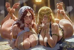 2girls ai_generated big_ass big_breasts breasts dark_souls elden_ring feet feet_up female foot_fetish fromsoftware gigantic_ass gigantic_breasts huge_ass huge_breasts queen_marika_the_eternal queen_of_sunlight_gwynevere soles the_pose toes wide_hips