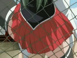 00s 1boy 1girls 2005 animated anime_screenshot bible_black bible_black_only dress female fence green_hair ito_mika leg_up legs_apart long_hair outdoors red_dress school school_roof school_rooftop school_uniform sex straight sunset tagme thigh_grab thighhighs zettai_ryouiki