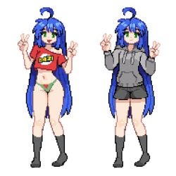ahoge ankle_socks blue_hair commission green_eyes green_panties happy hood hoodie konata_izumi long_hair lucky_star off_shoulder open_mouth panties peace_symbol pixel_art short_shorts shorts sim0n404 simple_background smile socks stomach tagme thighs tongue tongue_out underwear white_background