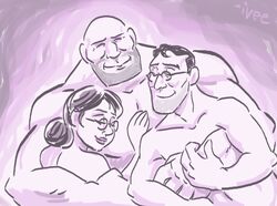 1girls 2boys adorable after_sex after_threesome cuddle cuddling cute glasses group happy heavy_weapons_guy iveechan medic_(team_fortress_2) miss_pauling older_male_younger_female older_man_and_younger_girl older_man_and_younger_woman polyamory smile team_fortress_2 threesome wholesome