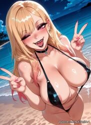 2025 ;d ai_generated anime areola_slip bangs beach bikini black_bikini black_choker black_one-piece_swimsuit blonde_hair blush breasts choker cleavage collarbone colored_tips covered_nipples crossover double_v ear_piercing earrings eye_contact fake_nails fangs female female_focus fingernails flushed gradient_hair gyaru highres huge_breasts industrial_piercing jewelry kitagawa_marin large_breasts long_fingernails long_hair looking_at_viewer makeup marin midriff moaning multicolored_hair nail_polish navel night nsfw ocean one-piece_swimsuit one_eye_closed open_mouth outdoors patreon piercing pink_nails red_eyes rognezart sky slingshot_swimsuit smile smiling solo sono_bisque_doll_wa_koi_wo_suru swept_bangs swimsuit teeth v very_long_hair water