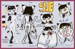 anthro black_hair breasts english_text feet felid feline female foot_focus fur gamer_girl genitals globaldonut34 hair hi_res malnourished mammal model_sheet nervous paws presenting presenting_vulva reference_image simple_background small_breasts solo sue_(globaldonut34) text vulva white_body white_fur