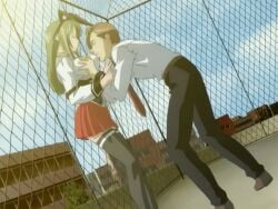 00s 1boy 1girls 2005 animal_ears animated anime_screenshot bag bible_black bible_black_only biting biting_clothes bouncing_breasts breasts breasts_squeezed_together closed_eyes clothes_lift clothes_pull dress fake_ears female fence grabbing_another's_breast green_hair groping ito_mika large_breasts long_hair necktie nipple_biting nipple_stimulation nipple_tweak open_clothes outdoors panties pink_panties pulling_up_skirt rabbit_ears red_dress red_skirt school school_bag school_roof school_rooftop school_uniform shoes skirt skirt_lift sunset tagme thighhighs underwear zettai_ryouiki
