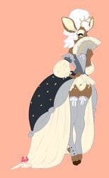 anthro antlers cervine clothed clothing crobat_(artist) cuntboy deer dress fan_(disambiguation) flashing horn intersex looking_at_viewer mammal pussy solo standing wide_hips