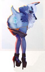 absurd_res anonymous_artist anthro anus avian beak bent_over bird blue_anus blue_body blue_eyes blue_vulva bottomwear bottomwear_down butt claws clothed clothing cyanotic_epithelium digital_media_(artwork) female finger_claws fingerpads fishnet_clothing fishnet_legwear footwear genitals hair hi_res high_heels hybrid lagomorph legwear leporid long_hair looking_back mammal markings pants pants_down partially_clothed pawpads presenting presenting_hindquarters rabbit scut_tail shoes short_tail simple_background solo standing striped_markings stripes tail terena_(axel0527) vulva white_hair