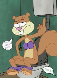 absurd_res angry annoyed anthro bathroom being_photographed bikini bikini_bottom bikini_top bottomwear bottomwear_down clothed clothing female gesture hand_gesture hi_res looking_at_viewer mammal middle_finger mostly_nude nickelodeon pants pants_down partially_clothed peeing photo profanity recording rodent sandy_cheeks scat sciurid sitting sitting_on_toilet solo spongebob_squarepants squirrel swimwear thedispenser69 toilet toilet_use tree_squirrel two-piece_swimsuit underwear underwear_down walk-in