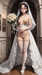 ai_generated bouquet braided_hair bridal_lingerie bridal_veil brown_nipples cameltoe church erect_nipples glasses heels high_resolution seaart.ai skinny slender_body standing stockings string_panties white_stockings white_thong