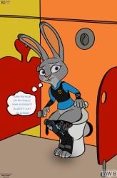 anthro bathroom belt belt_buckle bottomwear bottomwear_down buckle bulletproof_vest clothed clothing disney embarrassed female hi_res humiliation implied_pooping implied_scat judy_hopps lagomorph leporid mammal open_belt pants pants_down partially_clothed peeing police police_badge police_officer police_uniform public public_exposure public_humiliation public_restroom purple_eyes rabbit restroom_stall scat solo thedispenser69 thinking thought_bubble toilet toilet_use uniform zootopia