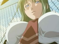 00s 1girls 2005 animal_ears animated anime_screenshot bible_black bible_black_only blue_eyes breasts female fence green_hair ito_mika large_breasts long_hair necktie nipple_hardening outdoors rabbit_ears school school_roof school_rooftop school_uniform sunset tagme