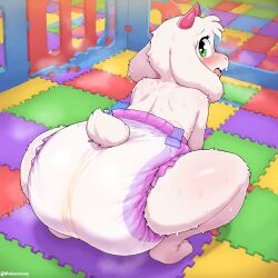 age_regression ai_generated anthro babysitter caged confused cute deltarune diaper diaper_fetish diaper_only diaperfur diplive7 embarrassed fetish foam foam_floor furry gate goat goat_boy goat_horns goat_humanoid goat_tail looking_at_viewer looking_back padded_floor padded_room plastic_gate playpen ralsei ralsei_with_white_fur shiny sparkles squat squatting