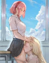 2girls against_desk ai_generated alternate_costume ass_support big_breasts blue_sky breasts classroom closed_eyes clothed_sex clothing collared_shirt covered_nipples cunnilingus day deep_cunnilingus desk devouring_pussy eating_pussy female female_only hairband hands_on_another's_head head_grab high_resolution indoors ino_yamanaka light-skinned_female light_skin long_hair looking_at_another lying_on_stomach multiple_females multiple_girls naked naruto naruto:_the_last naruto_(series) naruto_shippuden nipples oral oral_sex panties panties_down panty_pull pleated_skirt pulled_by_another pussy sakura_haruno school_uniform schoolgirl shirt short_hair side_view skirt skirt_lift sl1dey smile spread_legs taking_off_panties teen teenage_girl teenager uncensored underwear undressing undressing_another very_long_hair window yuri