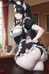 ai_generated apron black_hair bunny_ears cafe huge_breasts indoors leaning_forward long_hair looking_at_viewer maid maid_apron maid_uniform red_eyes skindentation solo solo_focus thick_thighs thighhighs thighs whistlthistl