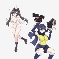 ass ass_crack ass_exposed black_hair blush blushed_face blushing_female breasts breasts_exposed breasts_out butt_crack cfnf clothed_female_nude_female color colored completely_naked completely_nude embarrassed_female embarrassed_naked_female embarrassed_nude_female enf female female_focus female_human green_eyes hat_only human humiliation i:p_masquerena naked naked_female naked_footwear nipples no_bra no_panties no_pants no_shirt no_skirt no_underwear nude nude_female nudity pussy pussy_exposed roller_skates s-force_rappa_chiyomaru s:p_little_knight shoes_only stripped stripped_naked tits_out twintails vagina white_background yu-gi-oh! yumhy