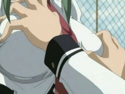 00s 1girls 2005 animated anime_screenshot bible_black bible_black_only bouncing_breasts breasts clothes_pull female grabbing_another's_breast green_hair groping ito_mika large_breasts necktie nipple_arousal nipple_hardening nipple_stimulation nipple_stimulation_through_clothes nipple_tweak nipple_tweak_through_clothes open_clothes outdoors school school_roof school_rooftop school_uniform sunset tagme