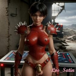 ai_generated armor armored_female balls brown_hair chastity chastity_cage chastity_device female futa_focus futa_only futanari threat threatening