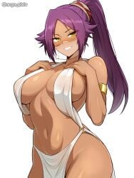 1girls alternate_version_at_source bleach blush breasts dark-skinned_female dark_skin everyday2 female harem_outfit mouth_veil purple_hair shihouin_yoruichi shounen_jump smile white_background yellow_eyes