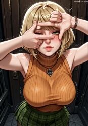 ai_generated armpits arms_up artist_name ashley_graham bare_arms bare_shoulders blonde_hair blush bob_cut breasts capcom clothing covering_own_eyes door doorway female finger_frame green_eyes green_skirt hallway indoors jewelry jousneystudio large_breasts lips looking_at_viewer miniskirt necklace one_eye_closed orange_shirt orange_sweater pantyhose parted_lips patreon_logo patreon_username plaid plaid_skirt pleated_skirt resident_evil resident_evil_4 resident_evil_4_remake ribbed_sweater short_hair skirt sleeveless sleeveless_shirt sleeveless_sweater sleeveless_turtleneck solo sweater taut_clothes tile_floor trembling turtleneck turtleneck_sweater watch web_address wristwatch