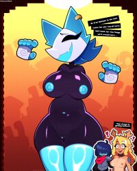 1boy 2d 2girls anthro armor belt_collar big_breasts blonde_hair blue_hair blue_nipples blue_thighhighs breasts brown_fur cat_ears chains collar cute_face cute_fang deer_girl deltarune earrings eyes_covered female furry gift_wrapped hand_on_shoulder handcuffs horn kris_(deltarune) long_hair male monster_girl naked nervous_smile nipple_slip noelle_holiday red_nose shocked short_hair tasque_manager_(deltarune) teeth text thick_thighs