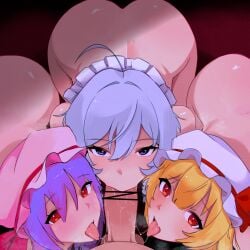 3girls bar_censor blonde_hair bow braid censored commentary cooperative_fellatio deepthroat erection expressionless fellatio flandre_scarlet foursome grey_hair group_sex hair_bow hat hat_ribbon hetero highres izayoi_sakuya katalashka licking licking_penis maid maid_headdress multiple_girls nude oral penis red_eyes remilia_scarlet ribbon rolling_eyes side_ponytail teamwork_(sexual) testicles tongue tongue_out touhou twin_braids untranslatable_commentary