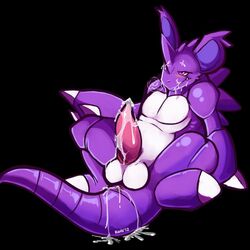 1:1 after_sex anus barefoot black_background blush claws closed_mouth color cum cum_in_anus cum_on_balls cum_on_face cum_on_penis cum_on_self cum_on_tail feral horn male male_only mel_the_hybrid nidoking nude open_eyes penis pink_eyes pokemon pokemon_(species) purple_skin round_ears sitting solo tail testicles white_skin