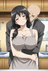 1boy 1girls accurate_art_style adapted_costume ai_generated apron apron_only arm_under_breasts bald bald_male barely_clothed beauty_mark before_sex black_hair busty collarbone couple duo_focus facing_viewer female front_view hair_over_shoulder hair_scrunchie head_tilt height_difference high_resolution housewife huge_breasts hugging hugging_from_behind imminent_sex indoors kaori_sakaki kitchen larger_male looking_at_viewer lovers male male/female male_with_female mature mature_female milf mole mole_under_eye mostly_nude naked_apron oppai ponytail ran_sem ran_sen_hakudaku_delmo_tsuma_no_miira_tori red_eyes rin_x_sen_+_ran_-_sem_cross_mix side_ponytail size_difference smaller_male smile smirk straight suit_and_tie taller_male tied_hair uncensored voluptuous white_skin wide_hips wife