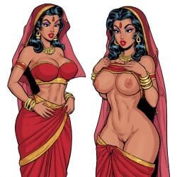 ai_generated bangle bindi black_hair clothed/nude dark-skinned_female earrings exposed_breasts exposed_pussy exposing_self flashing flashing_breasts flashing_pussy hourglass_figure indian indian_clothes indian_female nipples red_clothing red_lipstick retro_artstyle saree sari