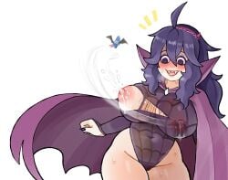 @_@ ahoge alternate_costume bags_under_eyes bat_(animal) blush breasts breath cape commentary covered_navel covered_nipples cowboy_shot curvy drawfag english_commentary fake_horns fangs female fingernails flying hair_between_eyes hairband hex_maniac_(pokemon) hex_maniac_(pokemon_xy) high_collar highleg highleg_leotard highres horn_hairband horns huge_breasts lactation lactation_through_clothes large_breasts leotard long_fingernails long_hair long_sleeves looking_at_breasts looking_at_self looking_down messy_hair nail_polish notice_lines open_mouth pokemon pokemon_(creature) pokemon_xy popped_collar print_leotard projectile_lactation purple_cape purple_eyes purple_hair purple_hairband purple_leotard purple_nails see-through_clothes see-through_leotard sharp_fingernails sharp_teeth simple_background smile solo spider_web_print sweat swoobat tearing_clothes teeth torn_clothes torn_leotard vampire white_background