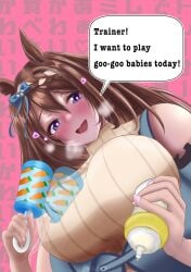 1girls 2d 2d_(artwork) 2d_artwork ageplay animal_ears beige_sweater big_breasts black_text blue_bow blue_eyes blue_ribbon blush blushing_at_viewer blushing_female boobs_bigger_than_head bottle bottle_of_milk bow bow_in_hair breasts brown_hair carrot carrot_print character_pov dark_blue_eyes drawing drawn duplicate ear english english_text eyebrows eyelashes eyes female female_focus female_only hair hair_ribbon hairbow hands heart_eyes hearts_around_head hearts_in_eyes horse_ears horse_girl inferior_version lips long_brown_hair long_brown_hair_female long_hair looking_at_viewer looking_down looking_down_at_viewer mentioned_character milk milk_bottle mommy mommy_dom mommy_kink nails nails_painted nose painted_nails pink_background pink_nails pov rattle ribbon ribbon_in_hair self_insert smile smile_at_viewer smiling smiling_at_viewer soft_dom soft_domination solo speaking speaking_to_viewer speech_bubble super_creek_(umamusume) sweater talking talking_to_viewer text text_bubble text_in_background tits_bigger_than_head trainer_(umamusume) umamusume umamusume_pretty_derby unseen_character watermark