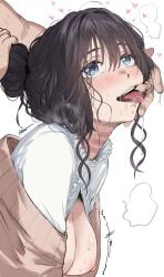 1boy 1girls 2d areolae backshots blush breasts choked dark_hair dominant_male exposed_breasts female_focus finger_in_mouth hair_bun happy_sex hearts_around_head hews hews_hack kaoru_hana_wa_rin_to_saku male/female medium_breasts nipples saliva submissive_female sweat sweater tongue_out waguri_kaoruko white_background