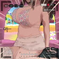 1boy 1girls animated battery_indicator bikini bouncing_breasts breasts brown_hair clothed_sex commentary_request cowgirl_position curly_hair large_breasts long_hair navel original recording ryokucha_michi sex skirt sound straddling straight swimsuit tagme tent video viewfinder waterpark