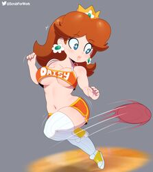 1girls 2020 big_breasts blue_eyes booty_shorts breasts brown_hair character_name cleavage clothes_writing clothing dodgeball female female_only full_body grey_background long_hair mario_(series) midriff nintendo princess_daisy revealing_clothes short_hair simple_background solo solo_female solo_focus somescrub sports_bra standing text thighs white_skin