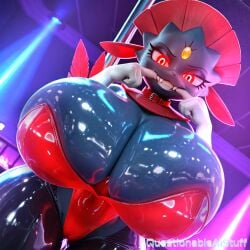 ai_generated anthro big_breasts breast_focus breasts breasts_bigger_than_head collar dark_blue_fur enormous_breasts furry furry_female furry_only gem_on_forehead huge_breasts large_breasts latex latex_legwear latex_suit nightclub pokemon pokemon_(species) pole questionableaistuff red_feathers red_hair showing_teeth weavile