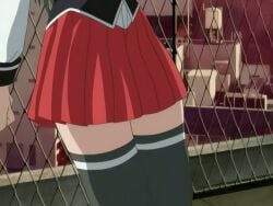 00s 1boy 1girls 2005 animal_ears animated anime_screenshot bible_black bible_black_only blue_eyes blush breasts dress female fence green_hair ito_mika large_breasts leg_up long_hair necktie outdoors pubic_hair pussy rabbit_ears red_dress school school_roof school_rooftop school_uniform straight sunset tagme thigh_grab thighhighs underwear zettai_ryouiki