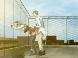 00s 1boy 1girls 2005 academy_uniform_(bible_black) against_fence animal_ears animated anime_screenshot ass bent_over bible_black bible_black_only black_thighhighs bouncing_breasts breasts breasts_out chain-link_fence clothed_sex doggy_style dress fake_animal_ears female fence grabbing_another's_ass green_hair groping hairband ito_mika large_breasts long_hair nipples open_clothes open_shirt outdoors panties panties_around_leg public_indecency rabbit_ears red_dress rooftop school school_roof school_rooftop school_uniform serafuku sex sex_from_behind skirt straight tagme thighhighs uncensored underwear zettai_ryouiki