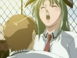 00s 1boy 1girls 2005 animal_ears animated anime_screenshot bible_black bible_black_only bow bowtie breasts closed_eyes clothed_sex female fence green_hair implied_sex ito_mika large_breasts open_mouth out-of-frame_censoring outdoors rabbit_ears school school_roof school_rooftop school_uniform sex straight sunset tagme