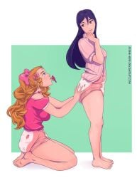 2girls artist_name black_hair blackroseseduction clean_diaper diaper duo female holding_diaper looking_at_another looking_back looking_up pacifier pacifier_in_mouth pantsless red_hair simple_background strawberry_print touching_ass touching_diaper