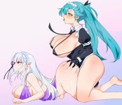 1futa 1girls ahe_gao akeno_(itsnafulol) apron ass bangs bikini blue_hair blush bottomless breasts clothed clothing doggy_style dress elf emilia_(re:zero) female flower from_behind futa_on_female futa_with_female futanari grabbing_another's_ass groping hair_between_eyes hair_flower hair_ornament hair_over_one_eye hair_ribbon half-elf huge_ass huge_breasts human intersex interspecies light-skinned_female light-skinned_futa light_skin long_hair looking_up maid maid_apron maid_bikini maid_headdress partially_clothed pink_eyes pointy_ears prone_bone purple_dress purple_eyes pussy re:zero_kara_hajimeru_isekai_seikatsu ribbon sex sex_from_behind silver_hair someone19912 standing stomach_bulge thick_thighs thighs tongue tongue_out unconventional_maid vaginal_penetration white_hair
