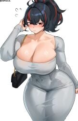 absurdres alternate_costume black_bag black_hair breasts cleavage collarbone commentary cromwellb dongtan_dress dress female grey_dress highres large_breasts long_sleeves looking_at_viewer multicolored_hair ponytail red_eyes red_hair simple_background solo twitter_username two-tone_hair white_background zenless_zone_zero zhu_yuan