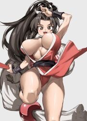 :d abs arm_up armor bare_legs black_sash blush breasts brown_eyes brown_hair cleavage commentary_request curvy fangs fatal_fury female folded_fan folding_fan grey_background hand_fan highres holding holding_fan japanese_armor japanese_clothes jumping kimono kote large_breasts long_hair mai_shiranui midriff_peek navel ninja no_bra obi open_mouth parted_bangs pelvic_curtain ponytail red_kimono revealing_clothes sash simple_background sleeveless sleeveless_kimono smile solo standing standing_on_one_leg tassel the_king_of_fighters thighs waist_sash ysk!