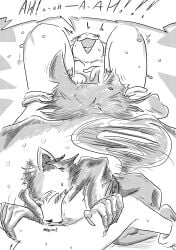 absurd_res anthro arm_tattoo beastars blush bodily_fluids breasts canid canine canis clothing comic cunnilingus dragonweirdo duo ear_twitch female footwear hand_on_leg hand_on_thigh haru_(beastars) hi_res lagomorph legoshi_(beastars) leporid licking looking_pleasured male male/female mammal nipples oral orgasm orgasm_face rabbit sex shaking socks sweat tail tail_motion tailwag tattoo tongue trembling vaginal_penetration wolf yelling