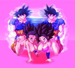 1boy 2girls all_fours ass ass_grab bent_over black_hair blush breasts breasts_out caulifla doggy_style dragon_ball dragon_ball_super faster_then_light female_saiyan ffm_threesome from_behind holding_hands kale mlix mrmlix muscular muscular_male saiyan saiyan_only son_goku sweat threesome ultra_instinct universe_6/universe_7 universe_6_saiyan/universe_7_saiyan