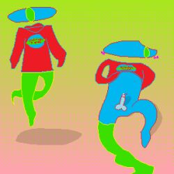 1_eye absurd_res bashful blue_body blue_skin blush blush_lines bodily_fluids bottomwear bottomwear_down bright_colors c.mathew clothed clothing clothing_lift femboy floating genital_fluids gradient_background hi_res humanoid looking_at_viewer looking_away male multiple_images nervous nipples no_underwear not_furry pants pants_down partially_clothed precum revealing_penis silly_goofy_furry simple_background solo sweater tagme topwear