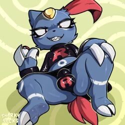 1:1 2026 2_fingers 2_toes anthro anus anus_peek artist_name biped black_bottomwear black_clothing black_eyebrows black_nose black_short black_skirt black_thong black_underwear blue_anus blue_body blue_fur bottomwear bulge claw_fingers claws clothed clothed_anthro clothed_male clothing crossdressing crossdressing_(mtf) crossdressing_male detailed_bulge digital_media_(artwork) eyebrows eyelashes feet femboy fingers forehead_gem fully_clothed fully_clothed_anthro fully_clothed_male fur gay gem generation_2_pokemon glistening glistening_clothing glistening_eyes glistening_underwear hand_on_knee hand_on_leg hand_on_own_knee hand_on_own_leg hi_res holding_object holding_pokeball homosexual leg_markings long_sleeve_shirt long_sleeves looking_at_viewer male male_anthro male_focus male_only male_penetrated markings navel nintendo nipple_outline pokeball pokemon pokemon_(species) print_clothing print_shirt print_topwear print_underwear red_eyes red_tail sharkysocks sharp_teeth shirt skirt smile smiling_at_viewer sneasel solo solo_male spread_legs spreading tail team_rocket teeth text thong toe_claws toes topwear underwear white_markings yellow_gem