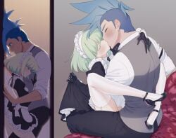 2boys androgynous ass blush bob_cut burrrntlemon closed_eyes clothed clothing crossdressing embarrassed femboy femboy_penetrated galo_thymos gay hidden_penetration kissing kissing_while_penetrated legs_around_partner lio_fotia maid maid_apron maid_headdress maid_outfit maid_uniform male petite petite_body petite_male promare short_hair size_difference slim slim_male slim_waist sweat sweatdrop sweating twink uniform wholesome wholesome_sex yaoi