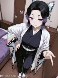 ai_generated animal_print artist_name bed belt belt_buckle black_hair black_kimono black_pants blush breasts buckle bug butterfly butterfly_hair_ornament butterfly_print closed_mouth copyright_notice demon_slayer_uniform door female forehead from_above full_body gradient_hair hair_ornament hand_on_own_hip haori indoors jacket japanese_clothes katana kimetsu_no_yaiba kimono kochou_shinobu lips long_sleeves looking_at_viewer medium_breasts mionety multicolored_hair obi on_bed open_clothes open_door pants parted_bangs pillow pointing pointing_at_viewer purple_eyes purple_hair short_hair smile solo standing two-tone_hair v watermark weapon white_belt white_footwear wide_sleeves wooden_floor