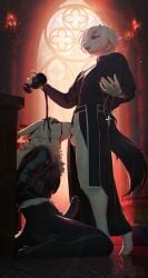 alcohol anthro beverage bodily_fluids bondage bound christian_cross christian_symbol christianity clothing cross duo fellatio genital_fluids hi_res kneeling kraaisha leaking_precum male male/male oral penile pouring_on_another precum religion religious_clothing religious_symbol sex
