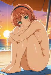 1girls accurate_art_style ai_generated anime_style beach beach_towel beach_umbrella big_breasts blue_sky blush bubble_ass bubble_butt clouds completely_nude completely_nude_female curvaceous curvy curvy_body curvy_female curvy_figure cute cute_face cute_girl dat_ass day dusk exposed_ass fat_ass feet female female_focus female_only from_behind grabbing_own_leg green_eyes hair_ornament hairband happy happy_female high_resolution large_breasts leg_hug legs_grab legs_together looking_at_viewer looking_back looking_back_at_viewer mizushima_kaho naked no_visible_genitalia nudity ocean orange_hair outdoor_nudity outdoors petite petite_body petite_female pixie_cut playing reach_around reaching_towards_viewer rear_view rin_x_sen rin_x_sen_+_ran_-_sem_cross_mix round_ass sand seaside sexy_body short_hair sitting small_but_busty solo solo_focus summer sunlight sunset teen teenage_female teenage_girl teenager thick_ass thighs toes towel umbrella upper_body vacation water